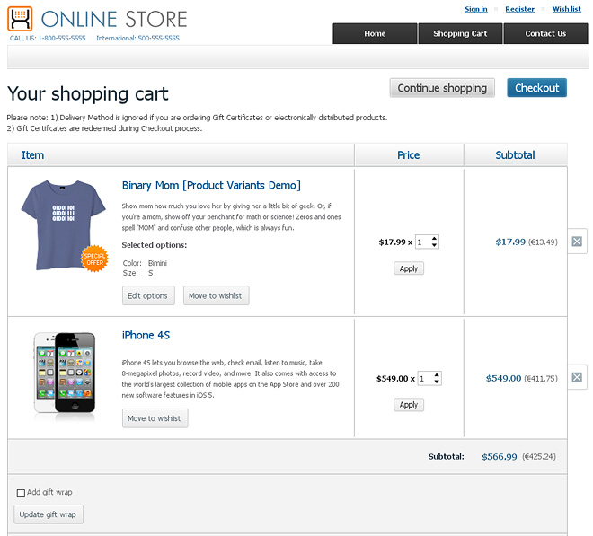 Cart page