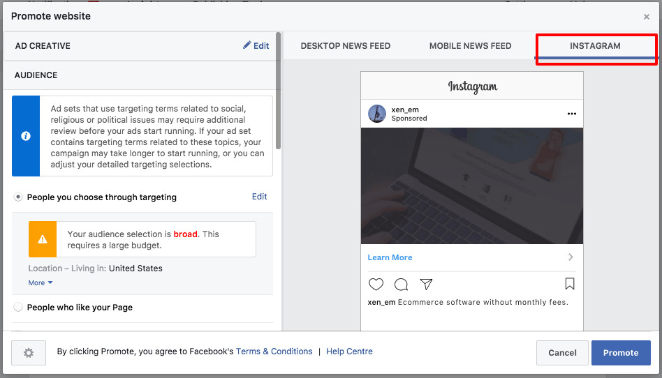 Targeting options in Instagram