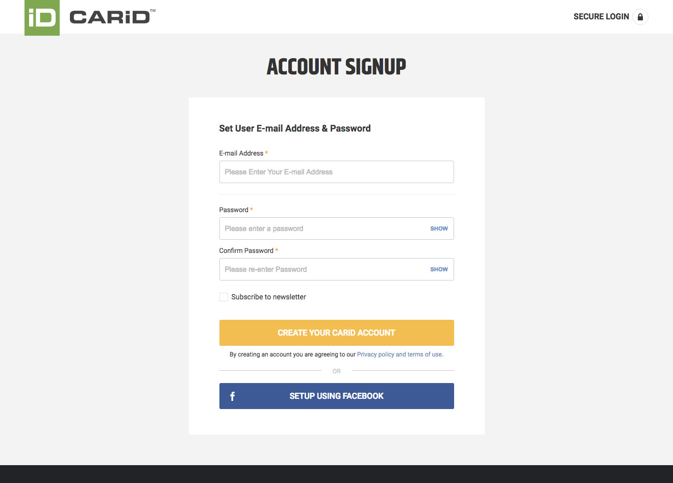 CarID's account signup page