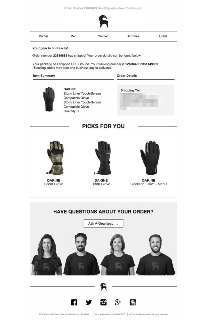Backcountry order confirmation email