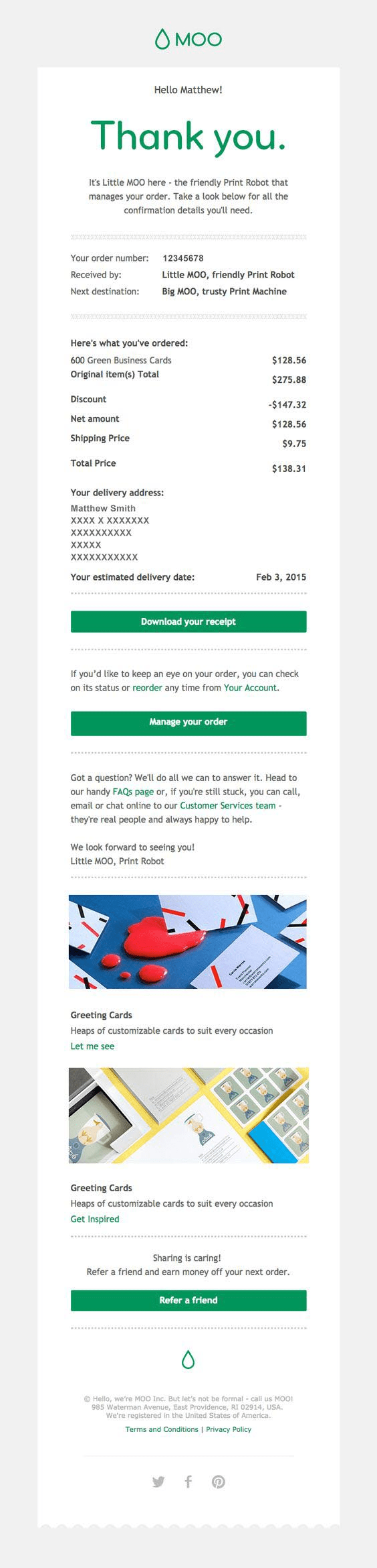 Order confirmation email from MOO