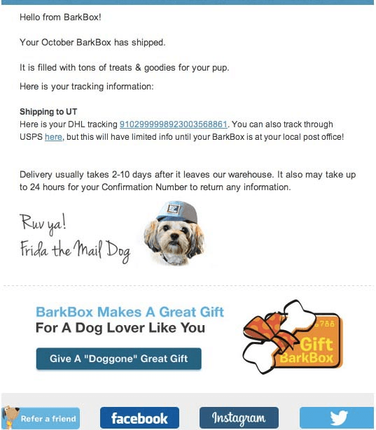 Bark Box shipping notification