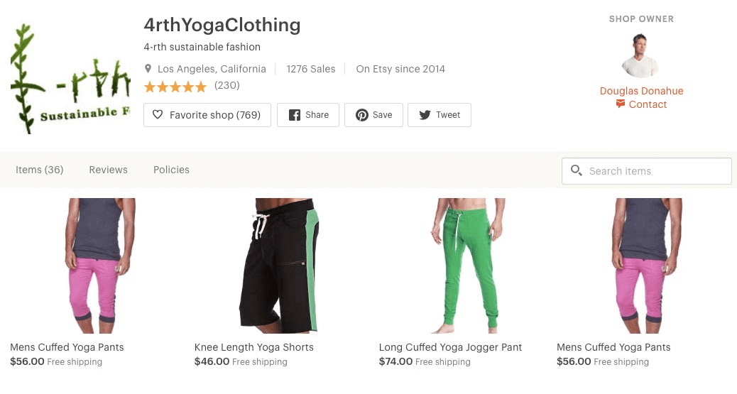 Yoga clothes on Etsy