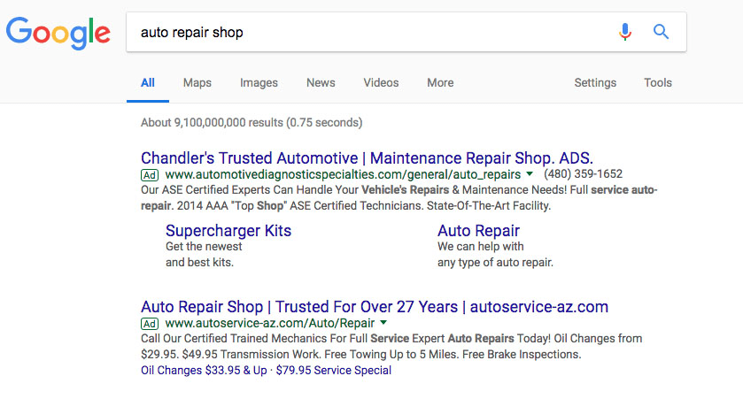 Auto repair shop search results