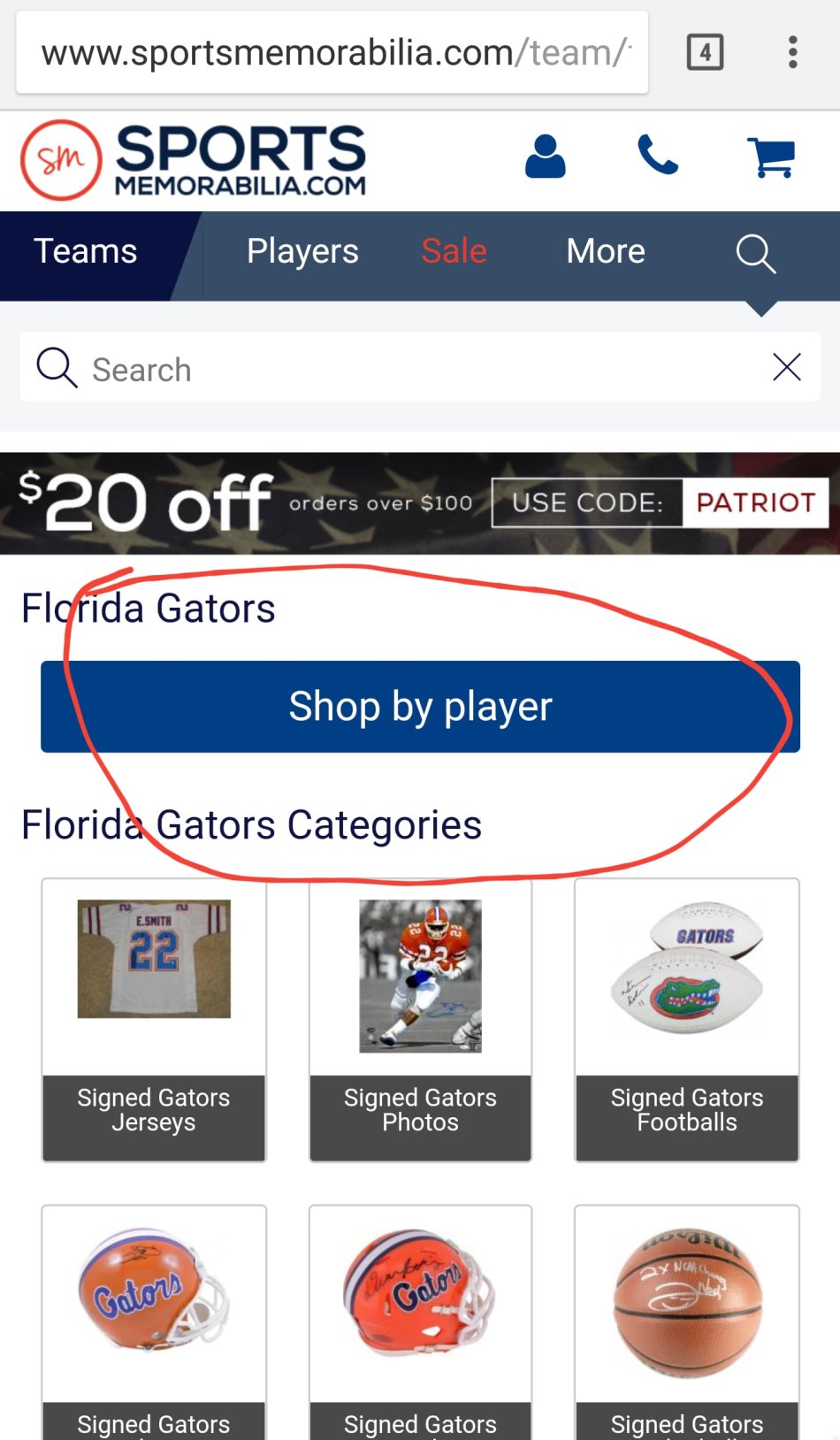 Sports Memorabilia's Mobile Site Categories