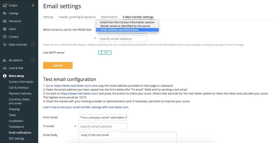 Email Transfer settings in X-Cart