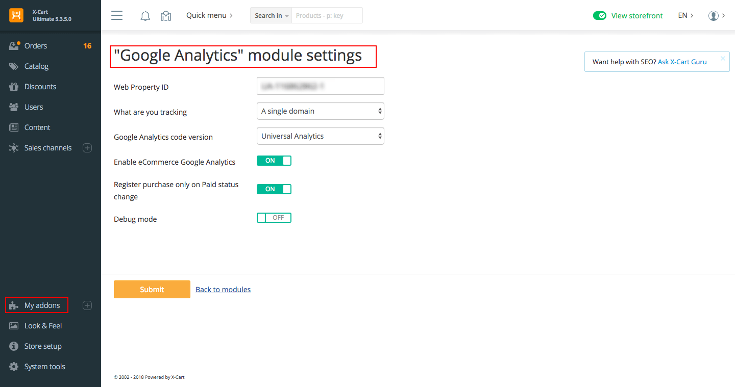 X-Cart Google Analytics addon settings