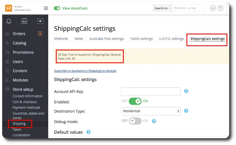 ShippingCalc by AuctionInc - module settings in X-Cart and trial period -automatically