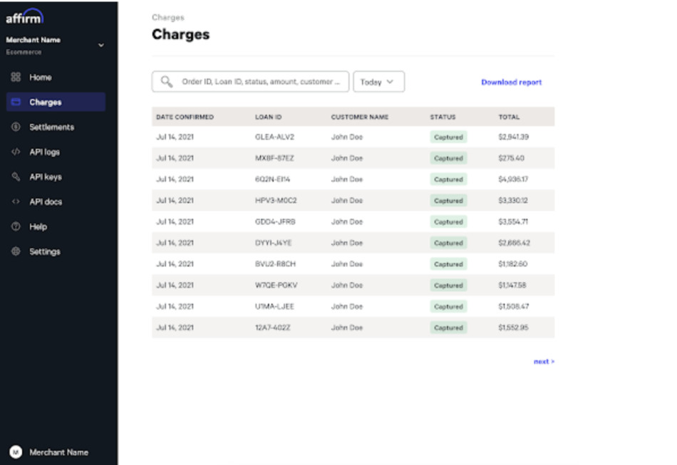 Affirm Merchant Dashboard