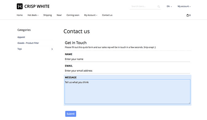 Contact us form in Wufoo
