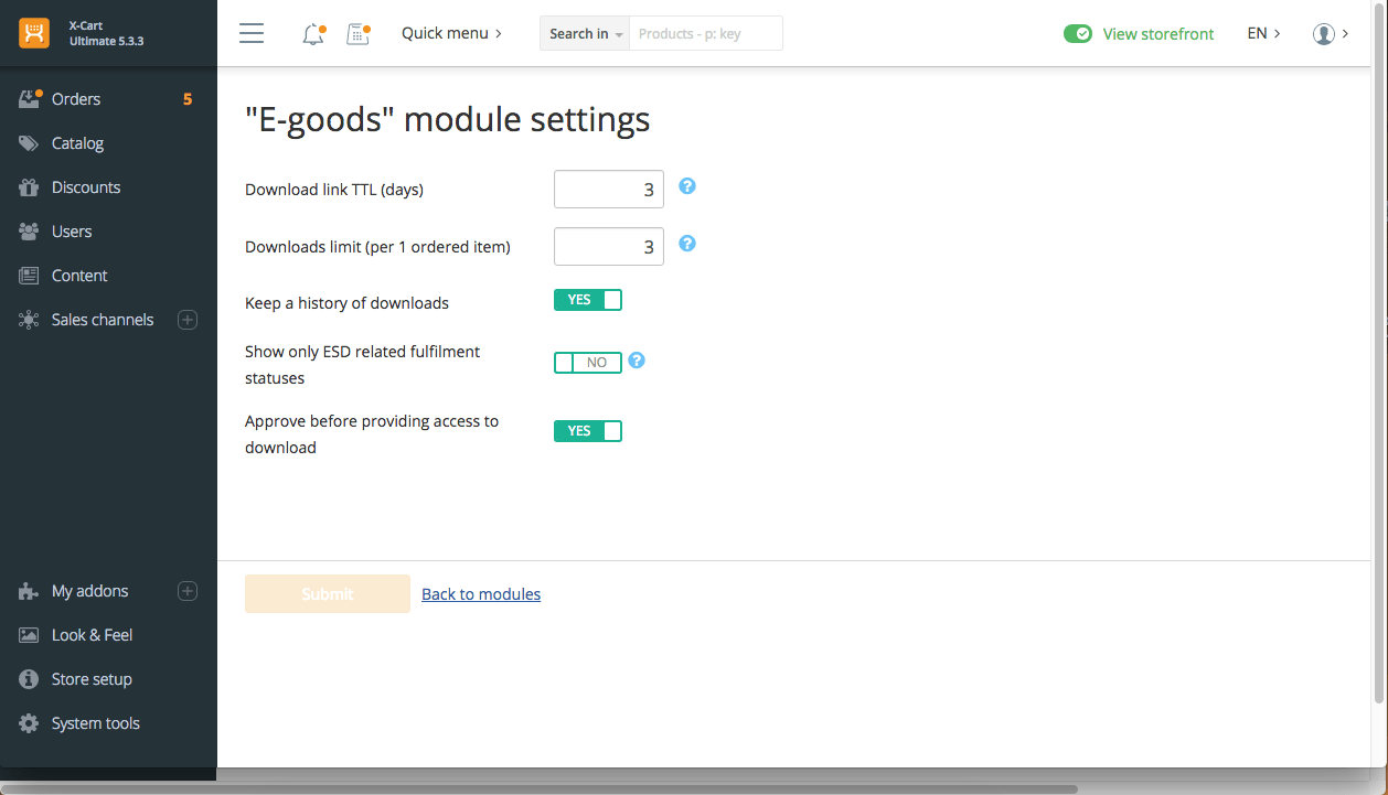 e-goods module settings