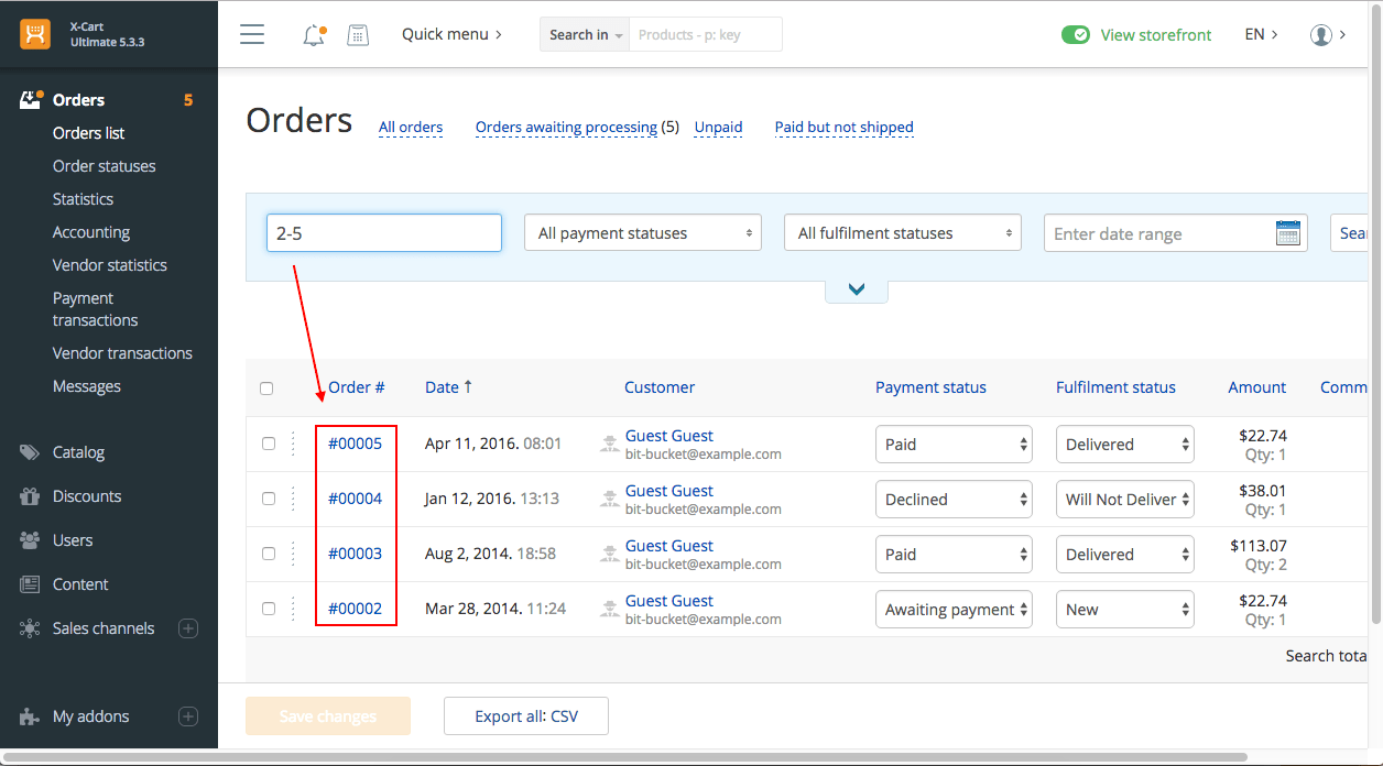 Search filter by order id range