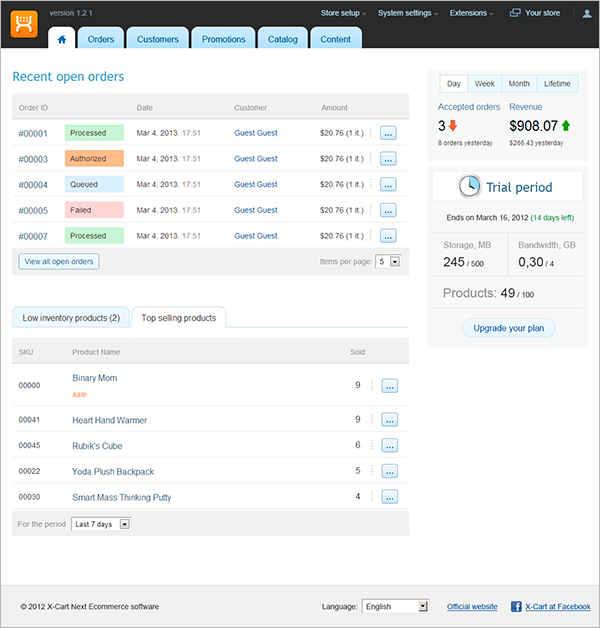 X-Cart Next admin home page