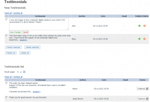 testiminials module: admin area