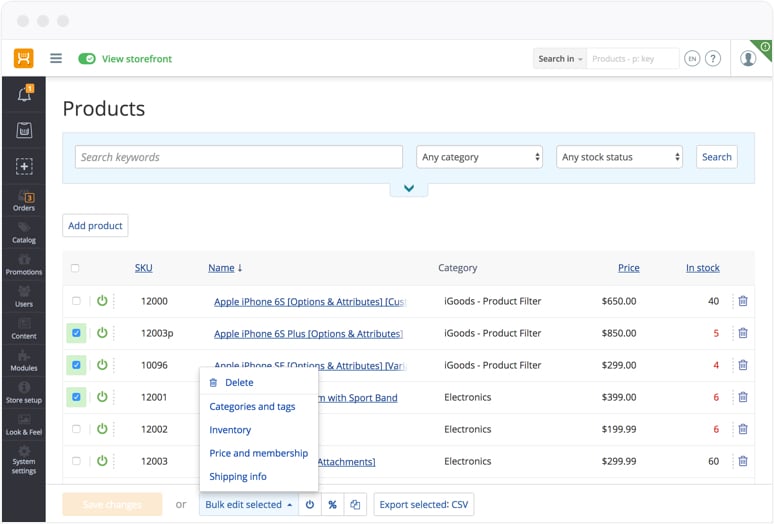 Products list screenshot