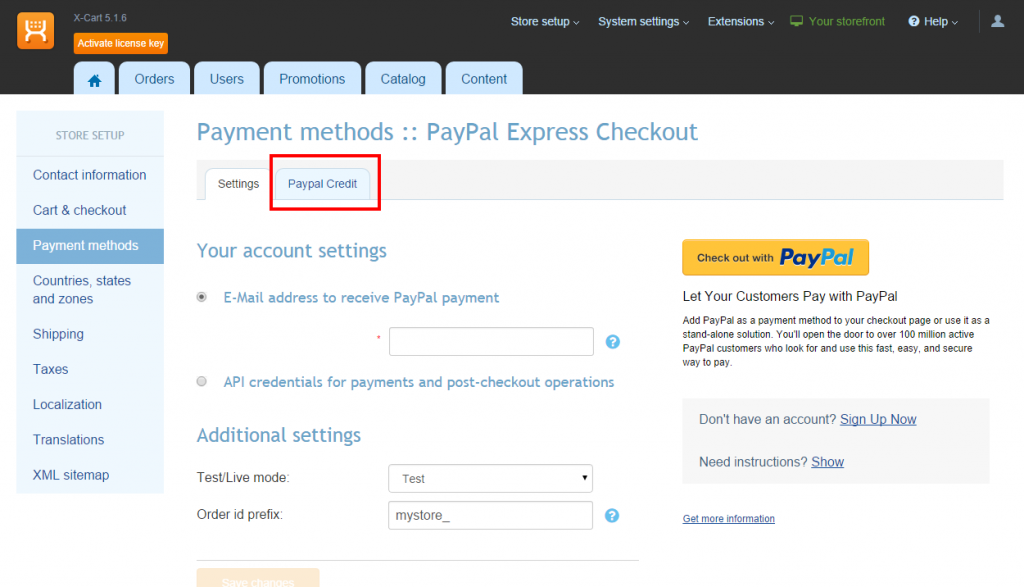 Paypal Credit settings