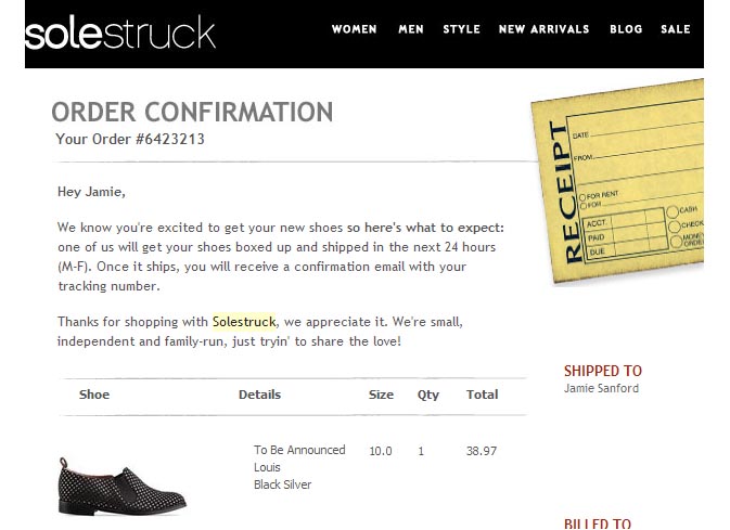  e-mail de confirmação do pedido Solestruck 