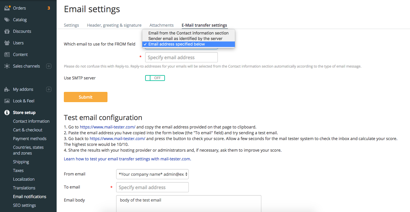 Email Transfer settings in X-Cart