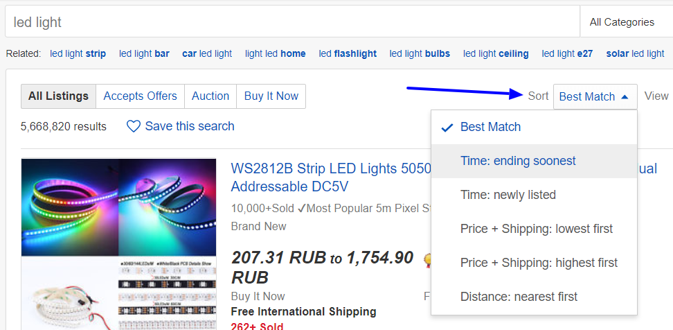 search results sorting options